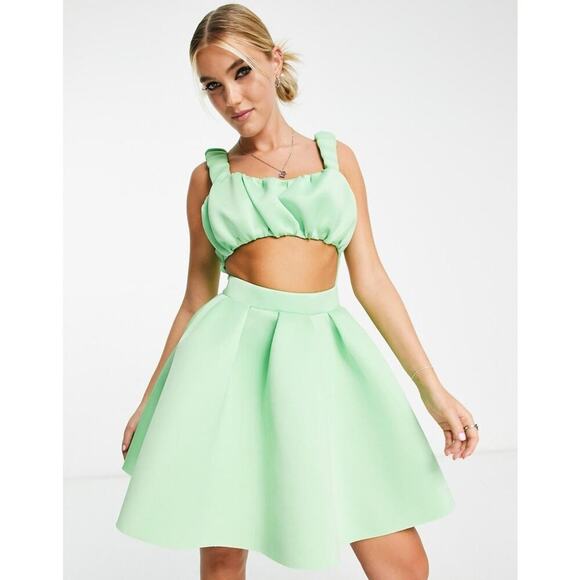 ASOS DESIGN structured 2-in-1 A-line skater mini dress with ruffled bust Size 2 - Picture 4 of 14